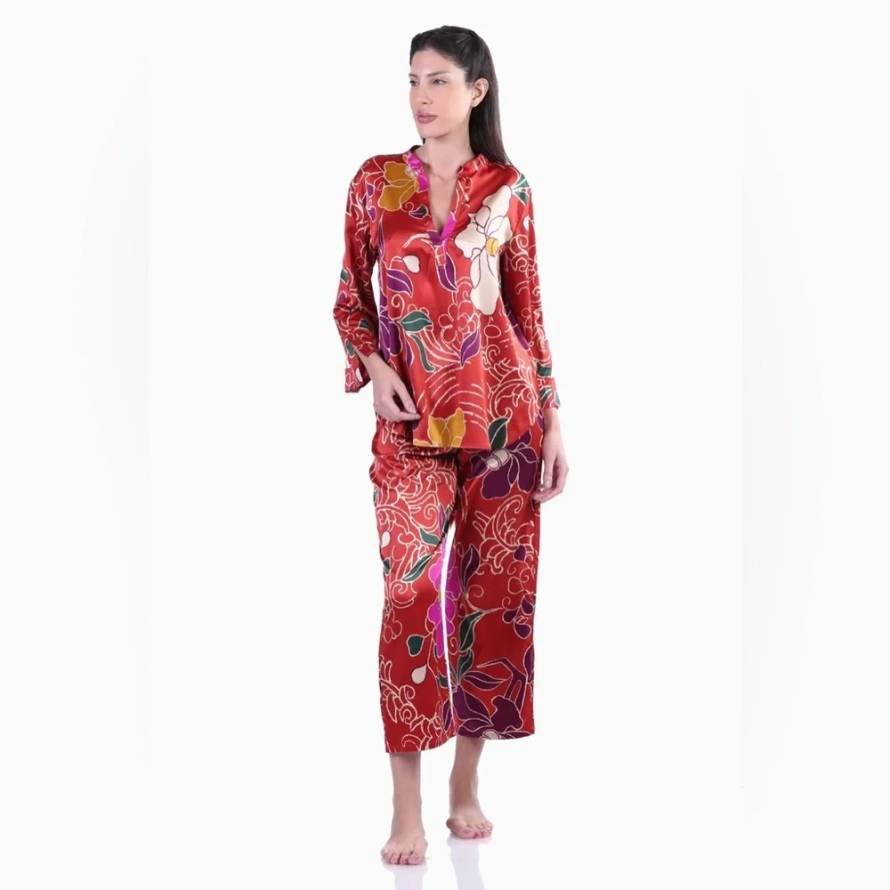 Natori satin pajama pant set rust floral cropped flowy top size large